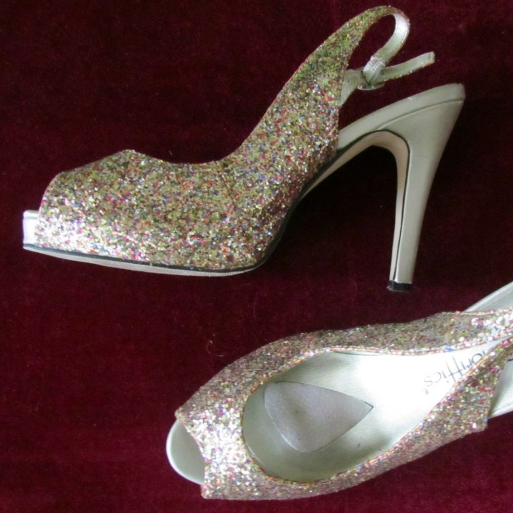 GLITTER  SHOES, 7, GALA GLAM, SPARKLY COLORIFFICS SLINGBACKS w 4" HEELS, PARTY!